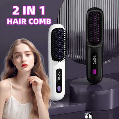 2 In 1 Straight Hair Comb Wireless Hair Straightener Brush Hair Fast Heating Portable Hot Curler USB Charging - Luxepetique 