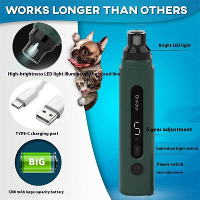 Rechargeable Pet Nail Grinder – Quiet 5-Speed Trimmer for Dogs & Cats