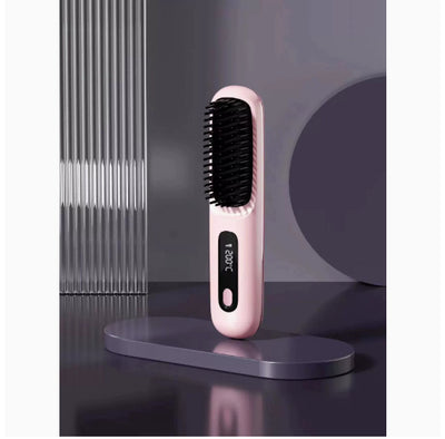 2 In 1 Straight Hair Comb Wireless Hair Straightener Brush Hair Fast Heating Portable Hot Curler USB Charging - Luxepetique