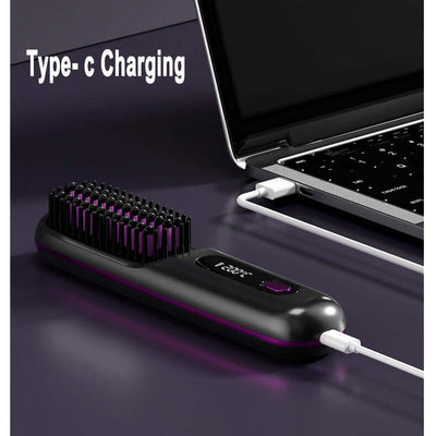 2 In 1 Straight Hair Comb Wireless Hair Straightener Brush Hair Fast Heating Portable Hot Curler USB Charging - Luxepetique