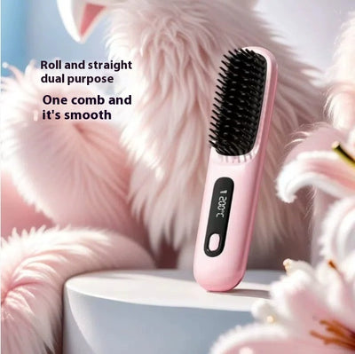2 In 1 Straight Hair Comb Wireless Hair Straightener Brush Hair Fast Heating Portable Hot Curler USB Charging - Luxepetique