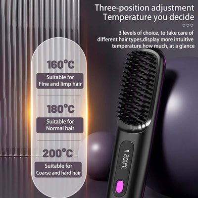 2 In 1 Straight Hair Comb Wireless Hair Straightener Brush Hair Fast Heating Portable Hot Curler USB Charging - Luxepetique